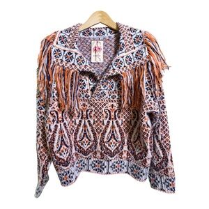 Entro Orange Navy Fair Isle Fringe Sweater Size Large Boho Western